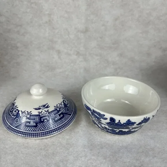 Churchill Blue Willow Creamer & Sugar Bowl With Lid Made in England - Picture 2 of 12